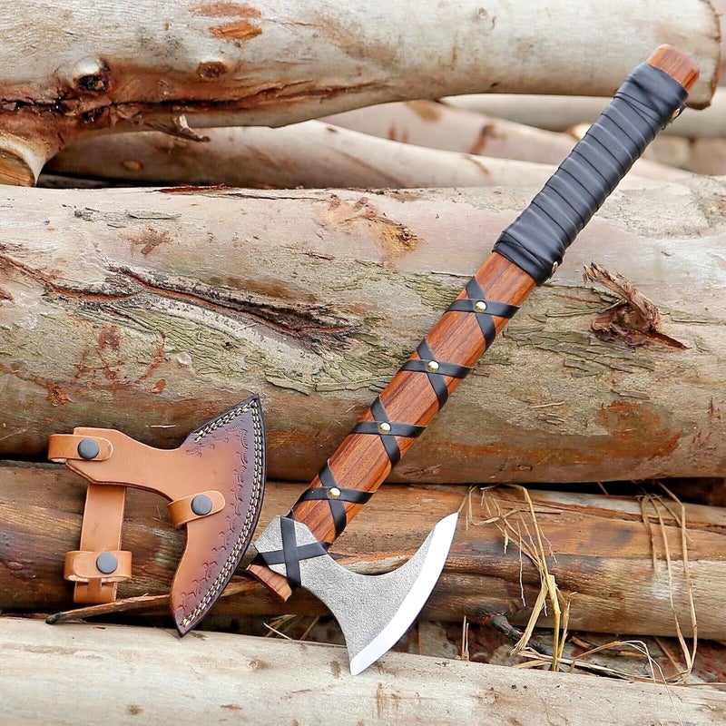 FH TRADERS Viking Axe of Ragnar Lothbrok Hunting Axe with Rosewood Handle - Hand-Forged High Carbon Steel Sharp Blade, Handmade Camping Axes, Hatchet-Norse Ax, Tomahawk Vikings Bearded Axes, with Leather Sheath - Image 1